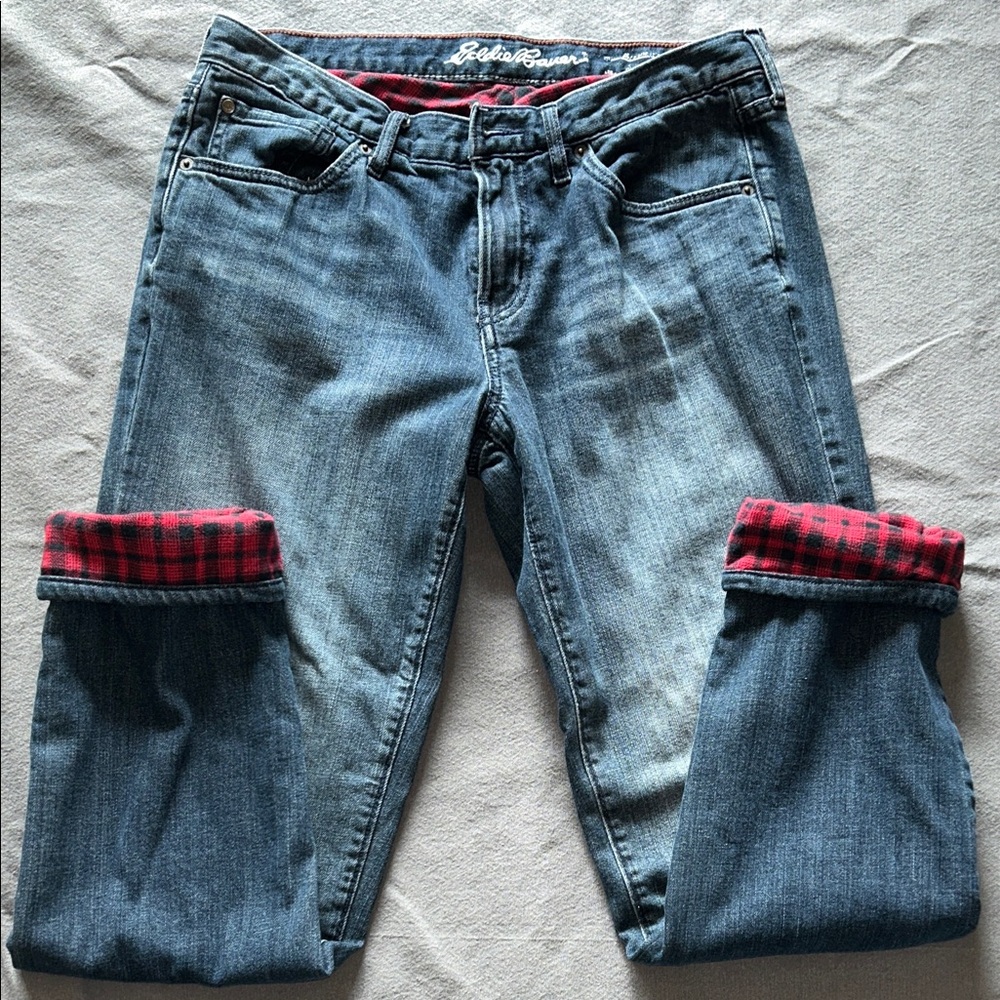 Eddie Bauer Blue Jeans with Red Plaid Flannel Lining